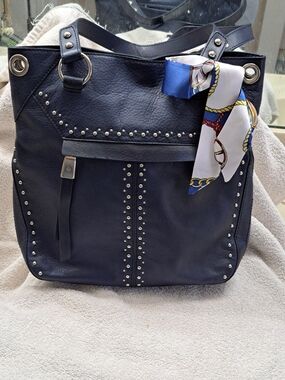 b. makowsky Navy Studded Leather Tote with Bonus Scarf Detail